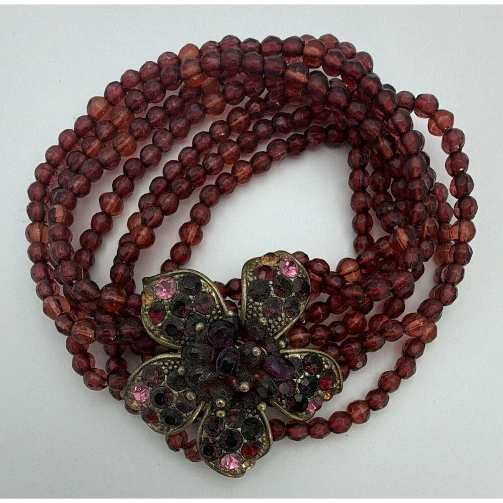 Red Stretch Multistrand Beaded Ball/Bead Bracelet Flower Pavé Crystal Pendant